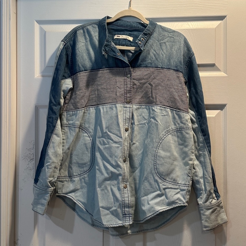 NEW! Free People We The Free Moto Denim Patchwork Colorblock Shirt XS Shacket - Picture 2 of 11